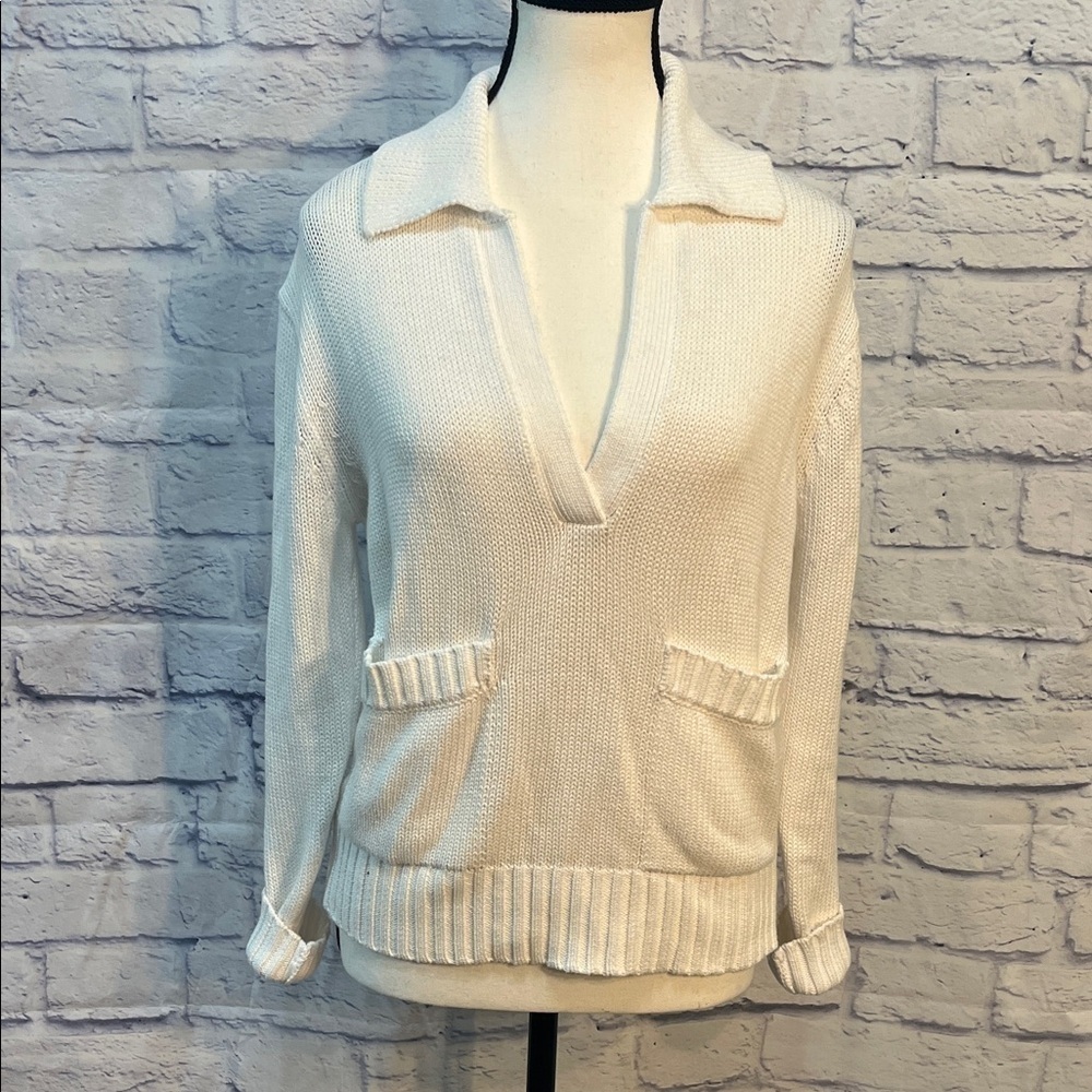 Kinross Deep V-neck Sweater Pullover Two Front Pockets White Ribbed Size XS